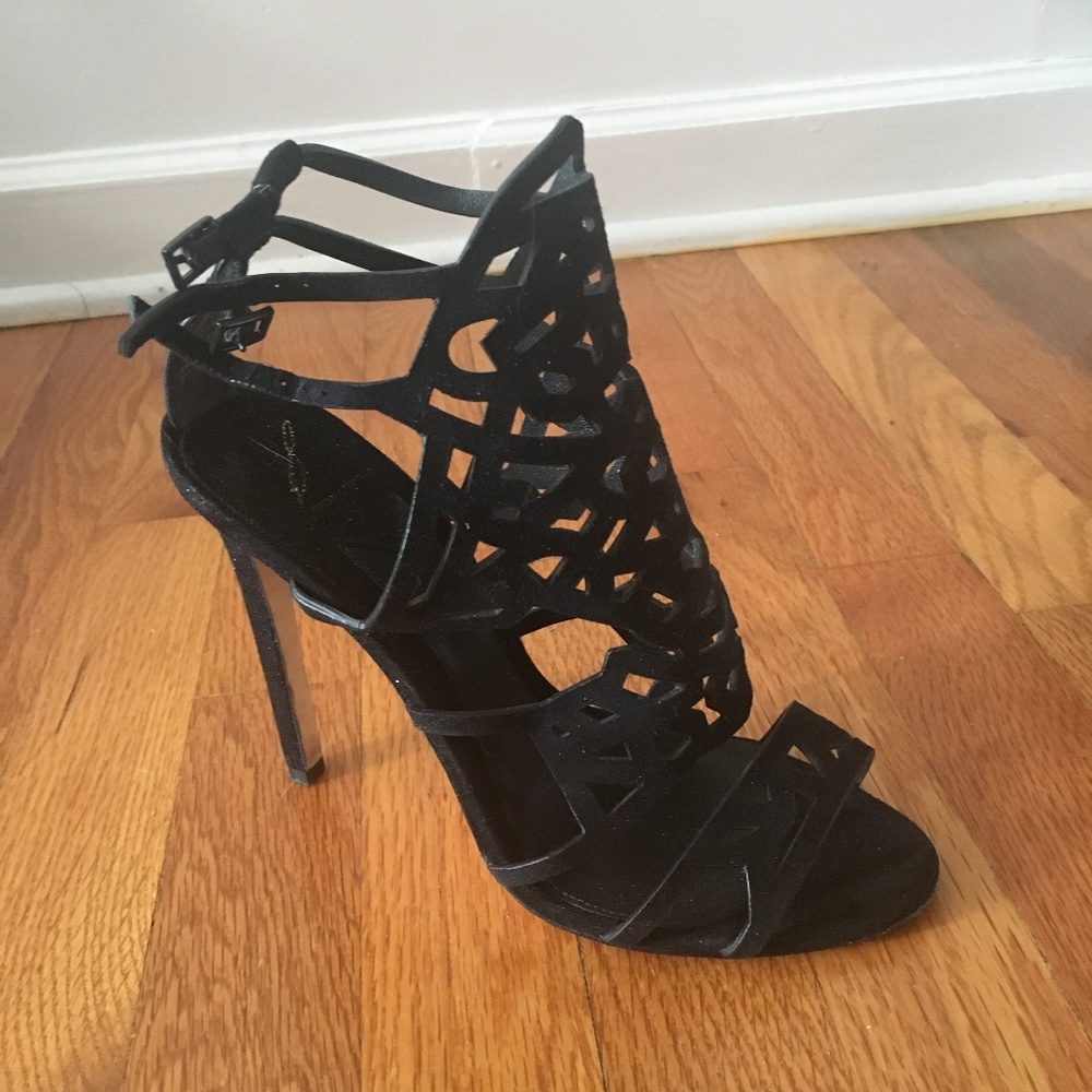 B Brian Atwood Black Suede Laser-Cut Sandals 8.5